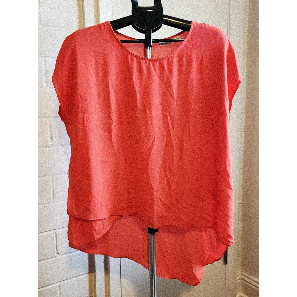 Cato Women Coral Orange High Low Chiffon Blouse Cap Sleeve Keyhole Back Size L
